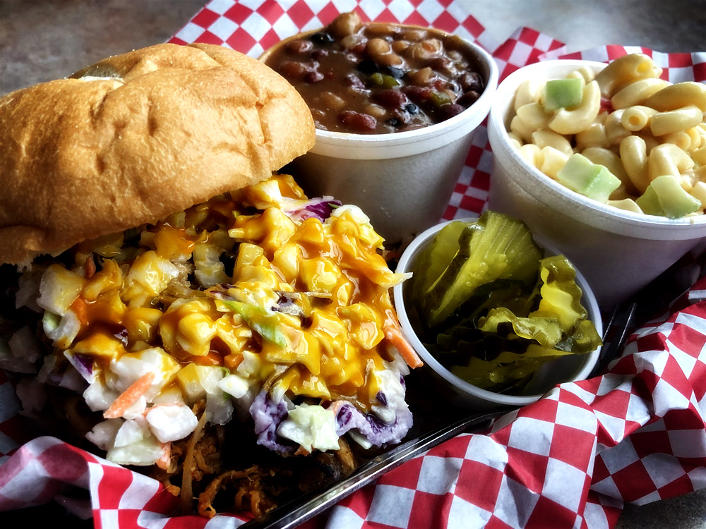 Carolina Pulled Pork Meal - Beans, Mac Salad - Uncle Jarrol's BBQ Restaurant