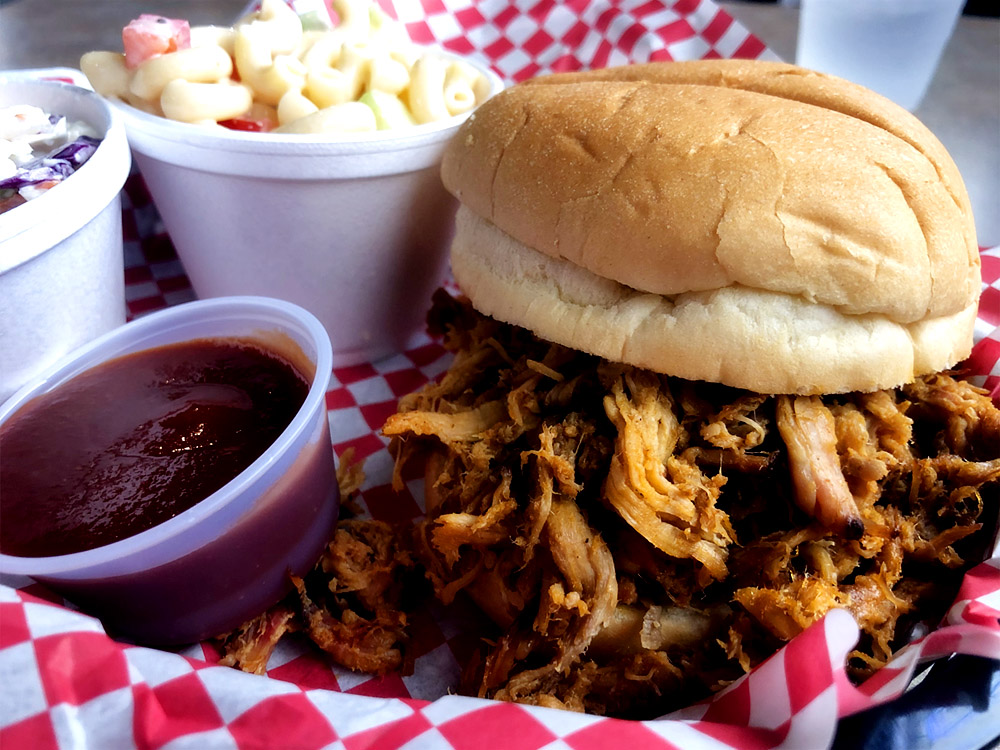 Pulled Pork Sandwich Meal with Beans and Macaroni Salad